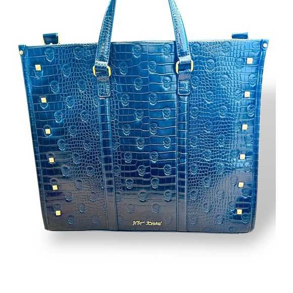 Betsey Johnson Xomattie Skull Patent Leather Work Tote Bag Black Gold Charms - Picture 16 of 16